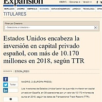 Estados Unidos encabeza la inversin en capital privado espaol, con ms de 10.170 millones en 2018, segn TTR